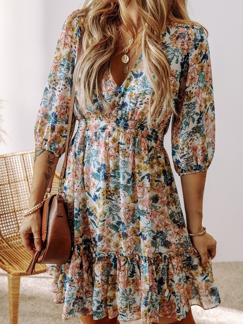 Floral Smocked Waist Mini Dress in Multi-Color